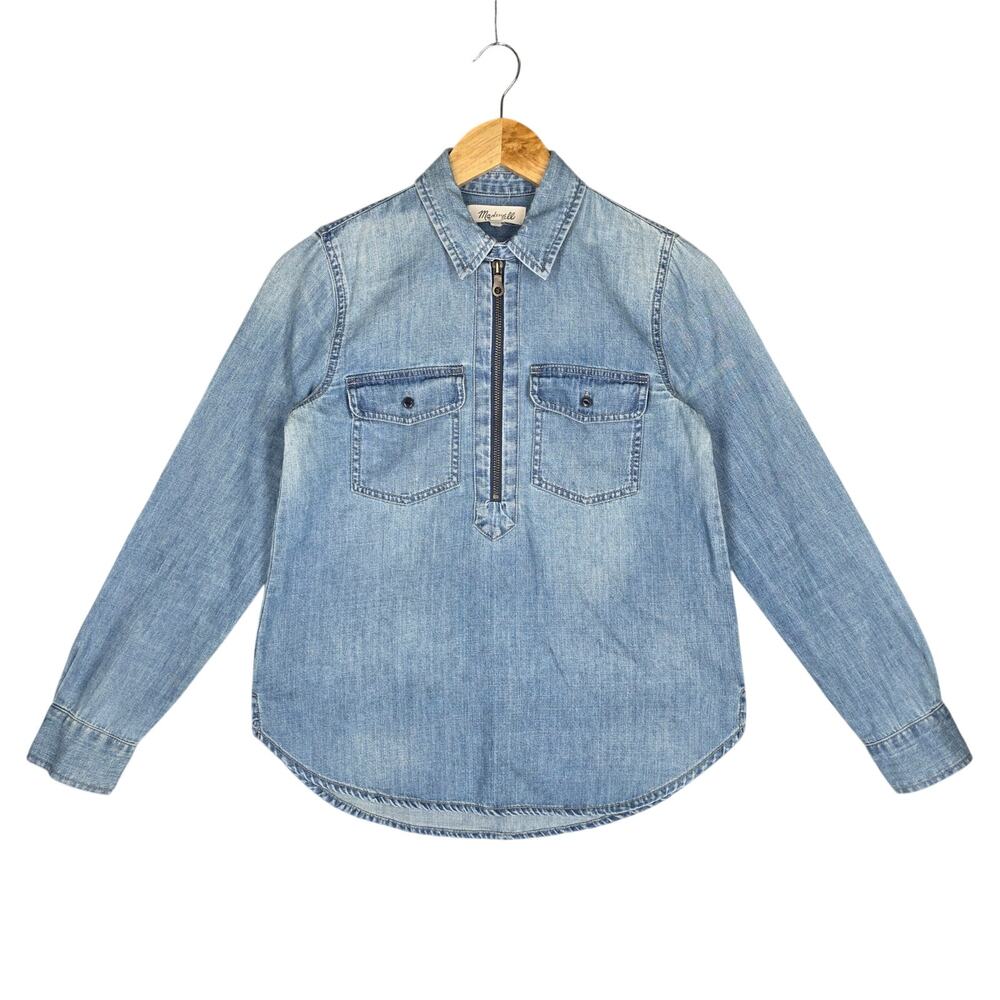 MADEWELL CHAMBRAY DENIM ZIP‑FRONT SHIRT – LIGHTWASH – SIZE XXS – 100% COTTON